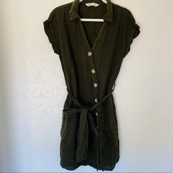 Zara olive linen mini button asymmetrical dress - Picture 2 of 8